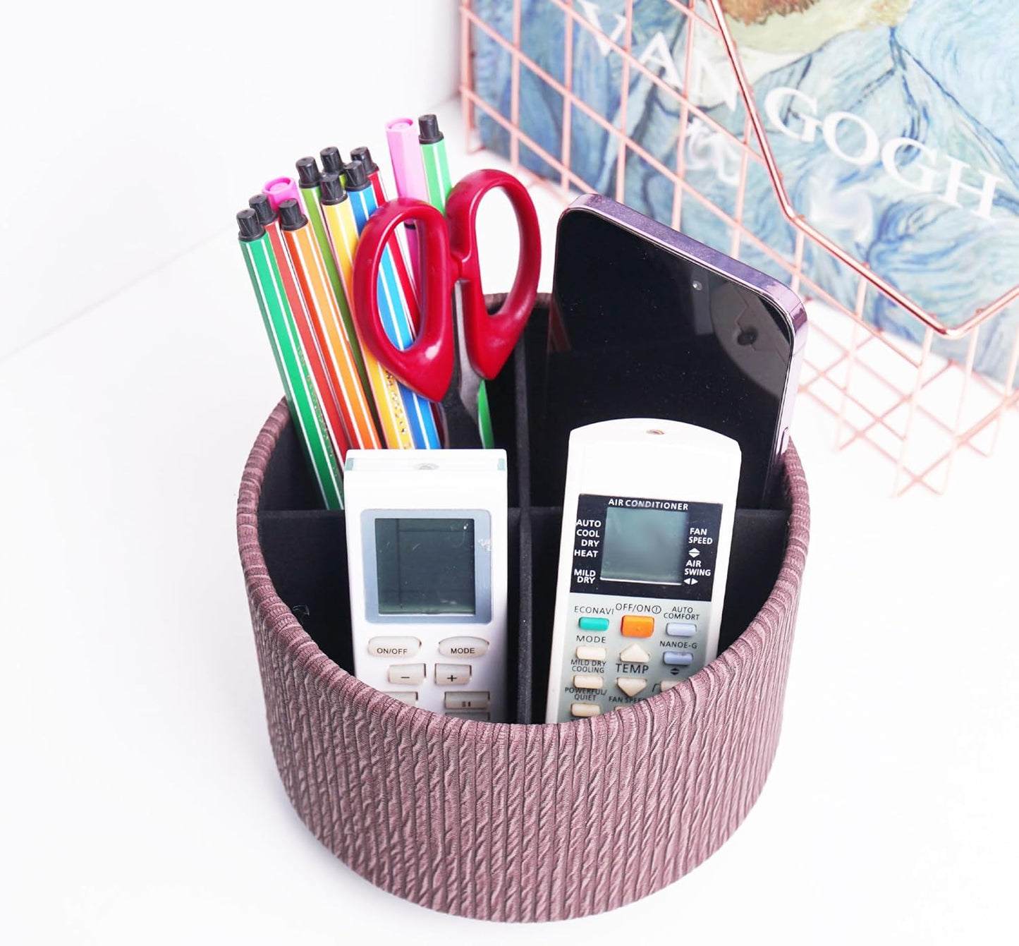 Round Leather Art Supply Organizer,Remote Control Holder,360 Degree Rotating,Multi-Functional Pencil Holder,4 Compartments Desktop Stationary Organizer(1-Fractal Flower) | Round - Colors C