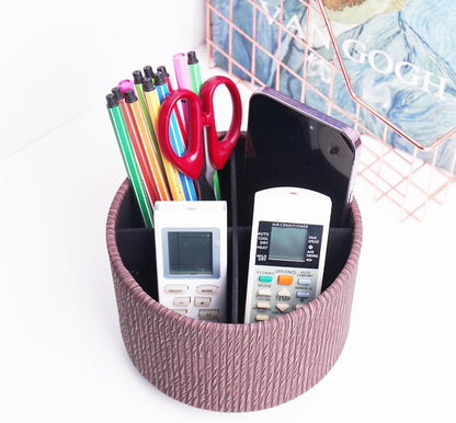 Round Leather Art Supply Organizer,Remote Control Holder,360 Degree Rotating,Multi-Functional Pencil Holder,4 Compartments Desktop Stationary Organizer(1-Fractal Flower) | Round - Colors C
