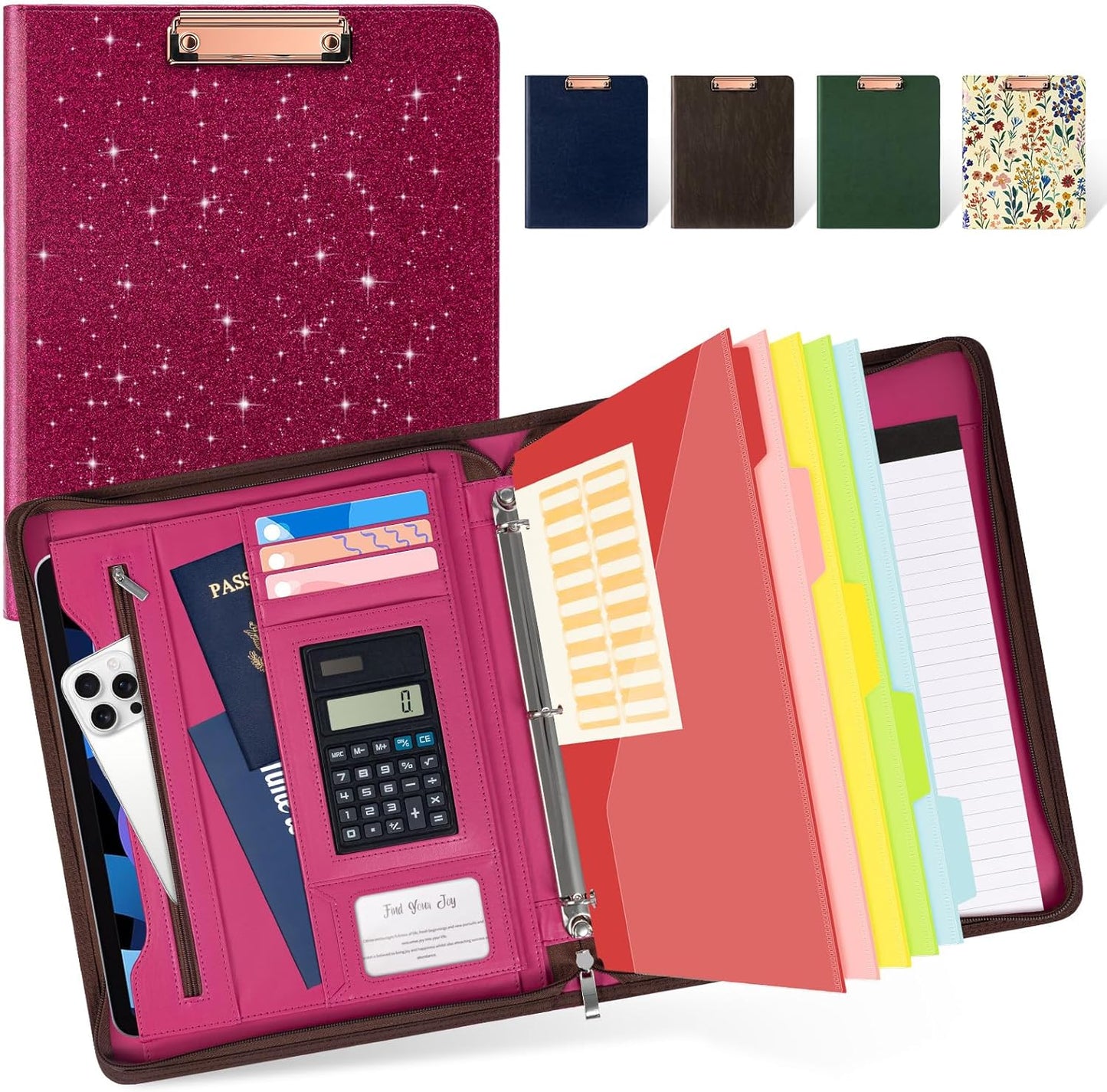 Ospelelf Zippered Padfolio Portfolio Folder, Leather Clipboard with Storage, 3 Ring Binder 1 Inch,12.1” Tablet Sleeve, 5 Dividers with Pocket, Refillable Notepad, Card Slot (Classic Black)