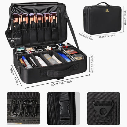 Relavel Makeup Case Large Makeup Bag Professional Train Case 16.5 inches Travel Cosmetic Organizer Brush Holder Waterproof Makeup Artist Storage Box, 3 Layer Large Capacity, with Adjustable Strap