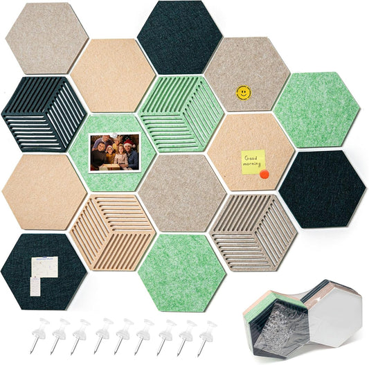 FOCHIER F 10PCS Hexagon Cork Boards for Walls Decor,12"*10.2" Felt Bulletin Board Tiles Sets for Home Office Class Kitchen with 50 Push Pins,Self Adhesive DIY Pin Board for Photos Memos