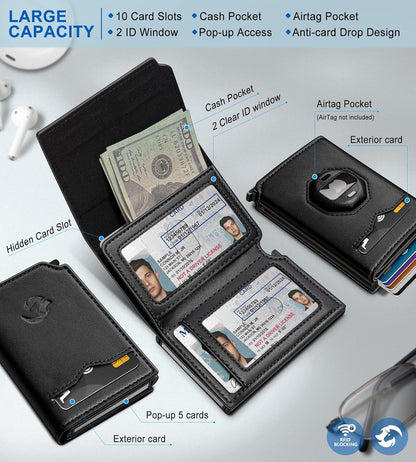 Airtag Wallet for Men,with Cash Pocket 2 ID Window 10+ Cards,Metal Case Smart Slim Pop Up Credit Card Holder Flip with Magnetic Closure RFID Blocking Trifold Leather wallet with Gift Box