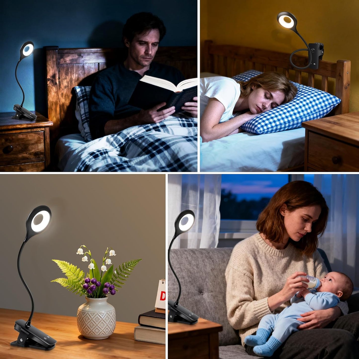 Akynite Desk Lamp LED Clip on Light, 5 Modes 5 Brightness Dimmable Clamp Light, Rechargeable Battery Flexible Clip on Reading Lamp for Bed Headboard Bunk Bed at Night for Kids (Black)