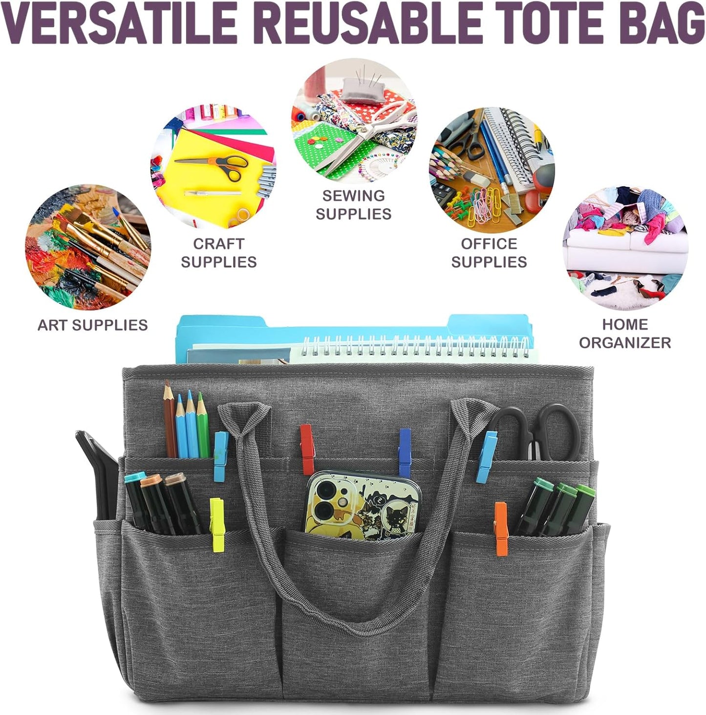 Cupohus Art Organizer Craft Storage Tote Bag with Pockets and Handles, Oxford Fabric Carrying Caddy for Teacher, Officer, Artist, Traveler –Purple