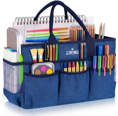 JJRING Large Art Supply Storage Tote Bag With 2 Mesh Side Pockets & Front Elastic Pockets – Sturdy Craft Organizer Caddy with Reinforced Bottom For Sewing, Scrapbooking, Teachers & Artists(Green) | Breathable Material