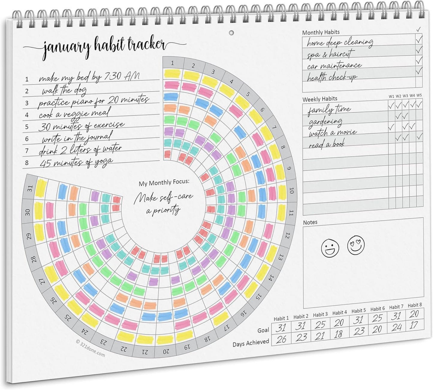 321Done Habit Tracker Calendar, Made in USA - 12 Months Wall Hanging Productivity Journal 8.5x11, Spiral Binding Undated Motivational Monthly Planner to Track Habits and Goals