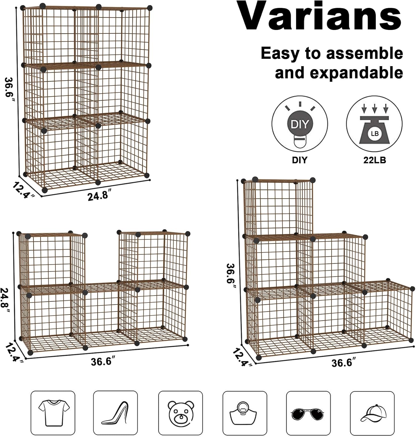 C&AHOME Wire Cube Storage, 6 - Cube Organizer Metal C Grids, Modular Shelves Units, Storage Bins Shelving, Closet Organizer, Ideal for Home, Office, Living Room, 36.6”L x 12.4”W x 36.6”H Black