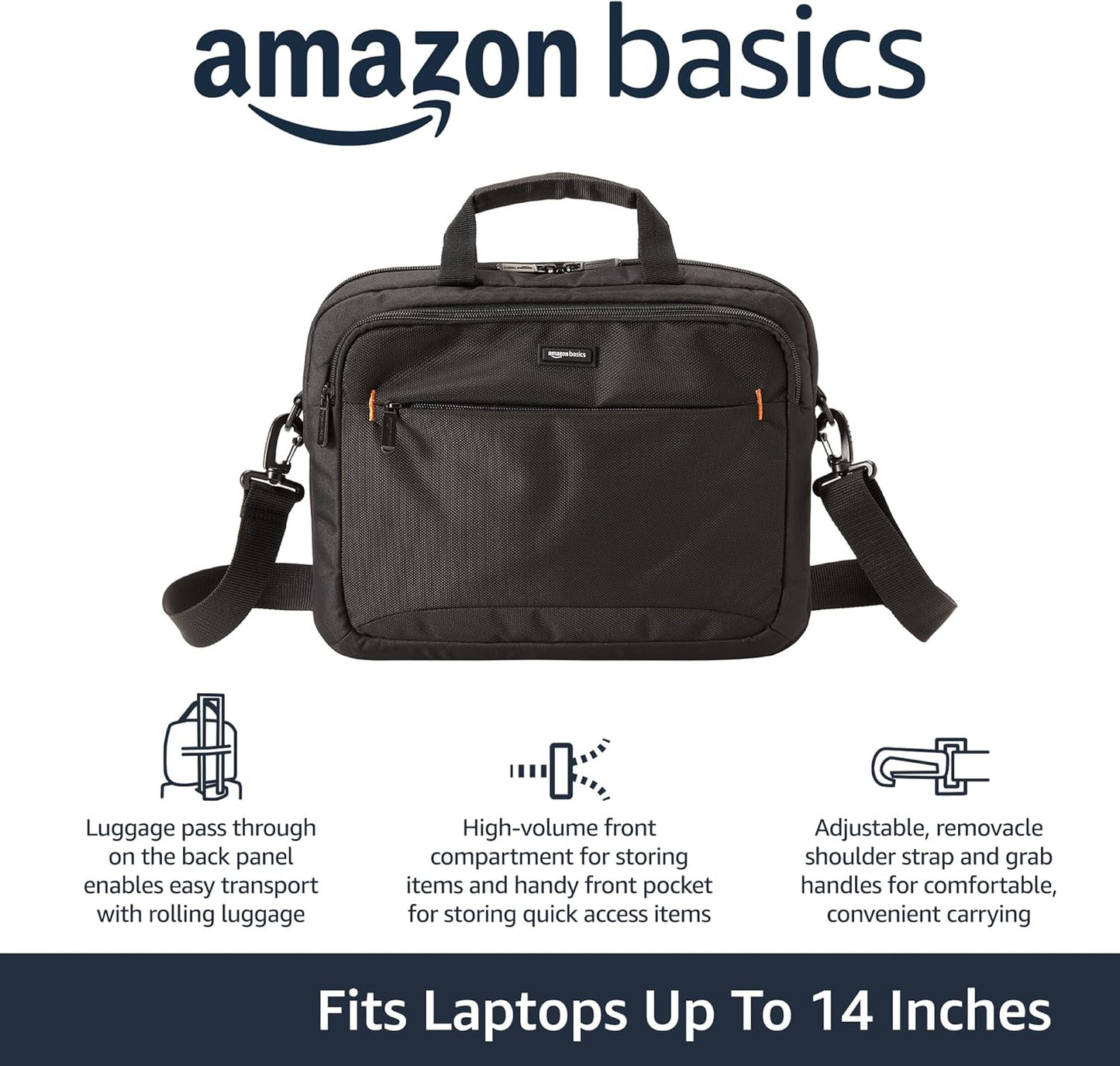 Amazon Basics Laptop Tablet Carrying Case with Shoulder Strap and Grab Handles, 14-inch, Black, Compartments for Storage