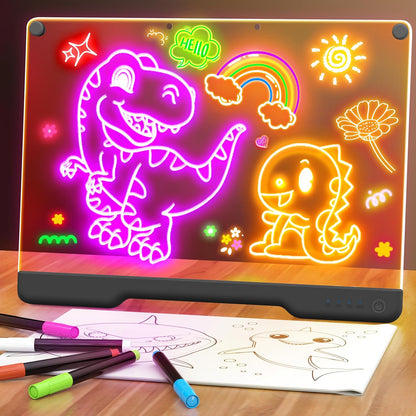 16-Inch Rechargeable LED Drawing Board, 9-Color Light Modes, Neon Art Dry Erase Light Up Doodle Glow Pad with Built-in Stand, Sketching Gift Toy for Kids/Girls/Teens, 7 Markers & Tracing Book