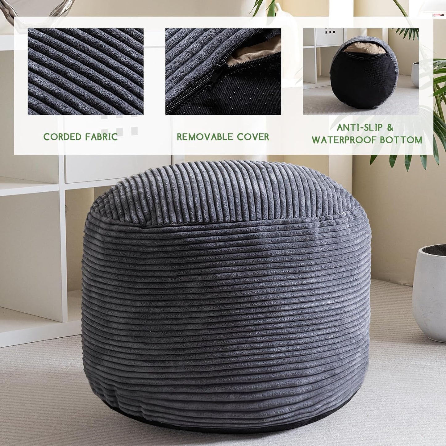 HIGOGOGO Round Stuffed Pouf Ottoman, Corduroy Poufs with Foam Chunk Filling, Furry and Fluffy Pouf Foot Stool Storage Ottoman, 20 X 15 Floor Poufs Foot Rest for Living Room, Dark Grey