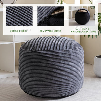 HIGOGOGO Round Stuffed Pouf Ottoman, Corduroy Poufs with Foam Chunk Filling, Furry and Fluffy Pouf Foot Stool Storage Ottoman, 20 X 15 Floor Poufs Foot Rest for Living Room, Dark Grey