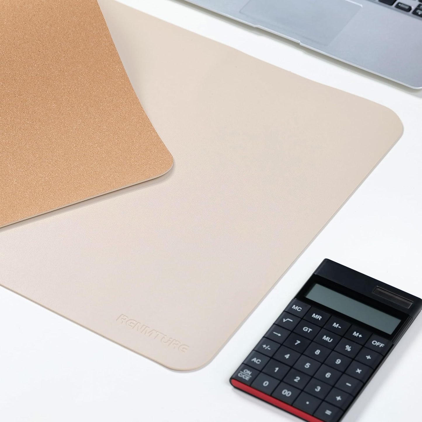 RENMTURE Desk Pad, Cork & PU Leather Desk Mat, Large Mouse pad, Non-Slip Desk Protector and Blotter, Waterproof Writing Pad, Desk Accessories and Organizers for Home Office (Light Yellow, 32"x16")