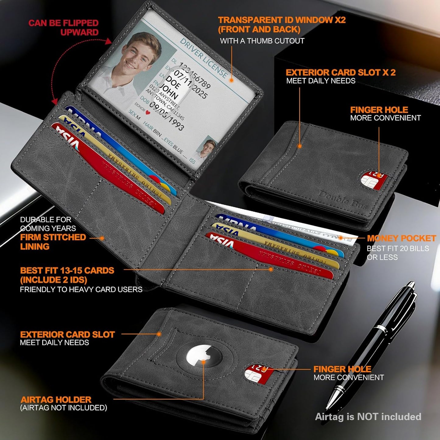 Wallet for Men Slim RFID Blocking Bifold Carbon Fiber,Minimalist Small Compact Front Pocket Credit Card Holder,Thin Mens Leather Wallets Smart Security With 2 ID Windows 1 Cash,Birthday Gifts for Men