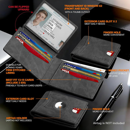 Wallet for Men Slim RFID Blocking Bifold Carbon Fiber,Minimalist Small Compact Front Pocket Credit Card Holder,Thin Mens Leather Wallets Smart Security With 2 ID Windows 1 Cash,Birthday Gifts for Men