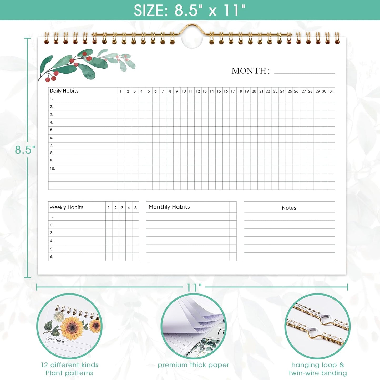 Habit Tracker Calendar - 12 Months Undated Daily Planner, 8"x10", Weekly & Monthly Period Habit Tracker Journal, Floral, Spiral Binding with Writable Goals Habits Track