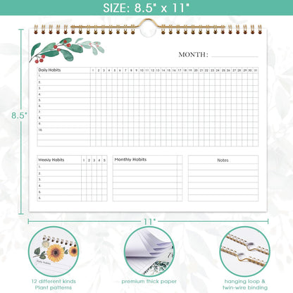 Habit Tracker Calendar - 12 Months Undated Daily Planner, 8"x10", Weekly & Monthly Period Habit Tracker Journal, Floral, Spiral Binding with Writable Goals Habits Track