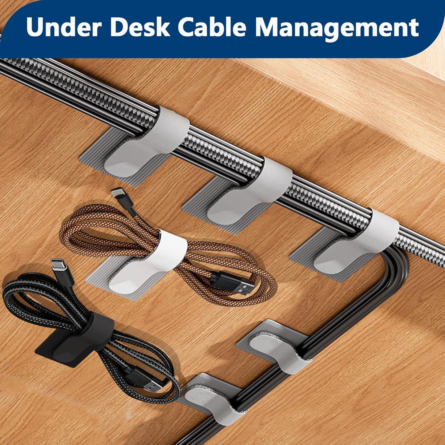 Abnii 50 PCS Hook and Loop Cable Ties, Under Desk Cable Management, Self Adhesive Cable Clips Straps, Sticky-Back Cord Organizer, Wire Organizer for TV PC Laptop Ethernet Desktop, White