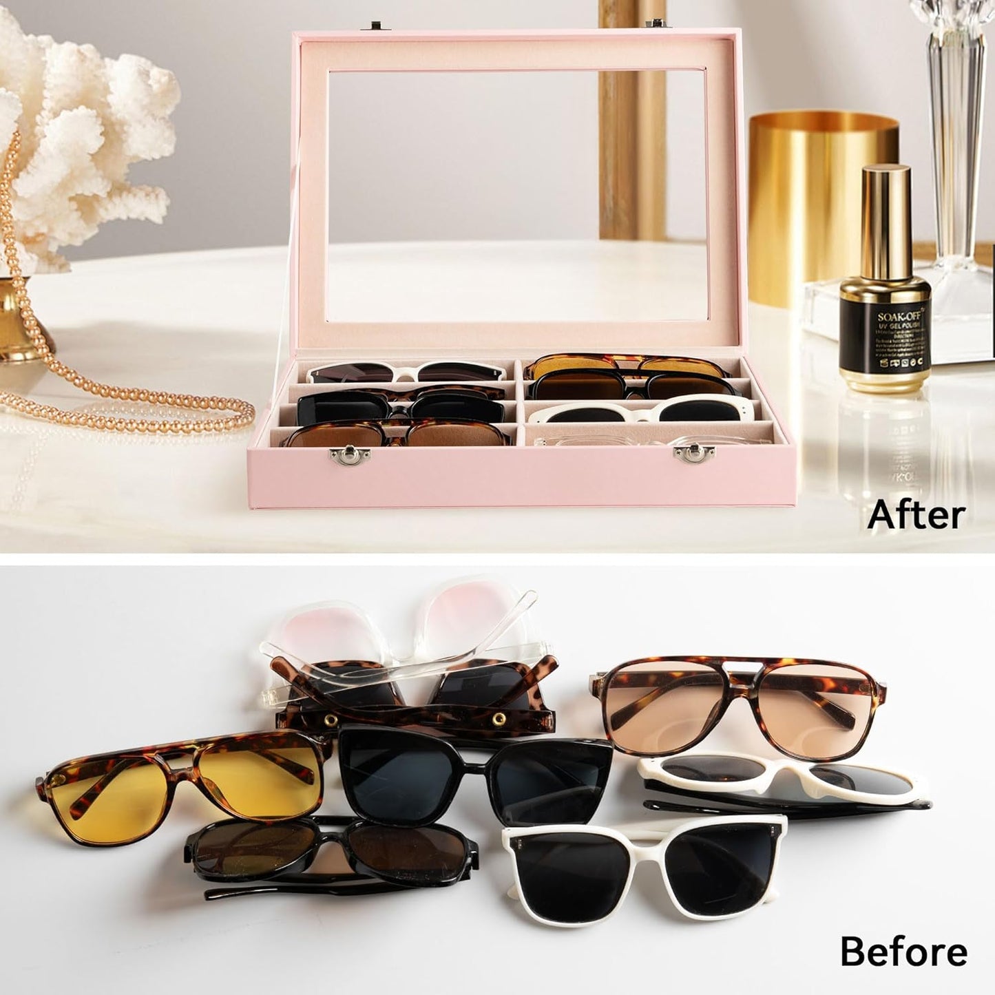 Frebeauty Sunglass Organizer,PU Leather Glasses Organizer,8-Slot Sunglasses Tray,Men's/Women's Sunglasses Box,Sunglass Case,13.3 x 9.6 x 1.5 Inches,Eyeglass/Eyewear Display Tray(Grey)