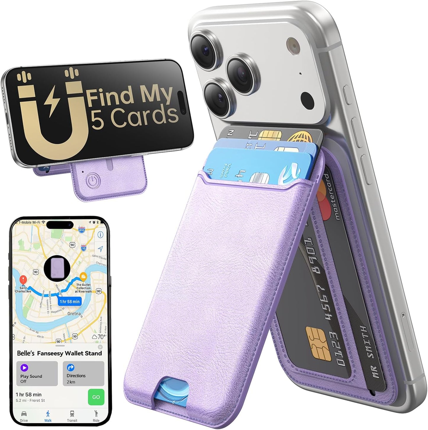 for MagSafe Wallet, Works with Apple Find My,5 Card Holder with Stand, Magnetic Phone Wallet Stand for iPhone 17/16/15/14/13/12 Pro Max Air Plus, RFID Blocking Vegan Leather,Black