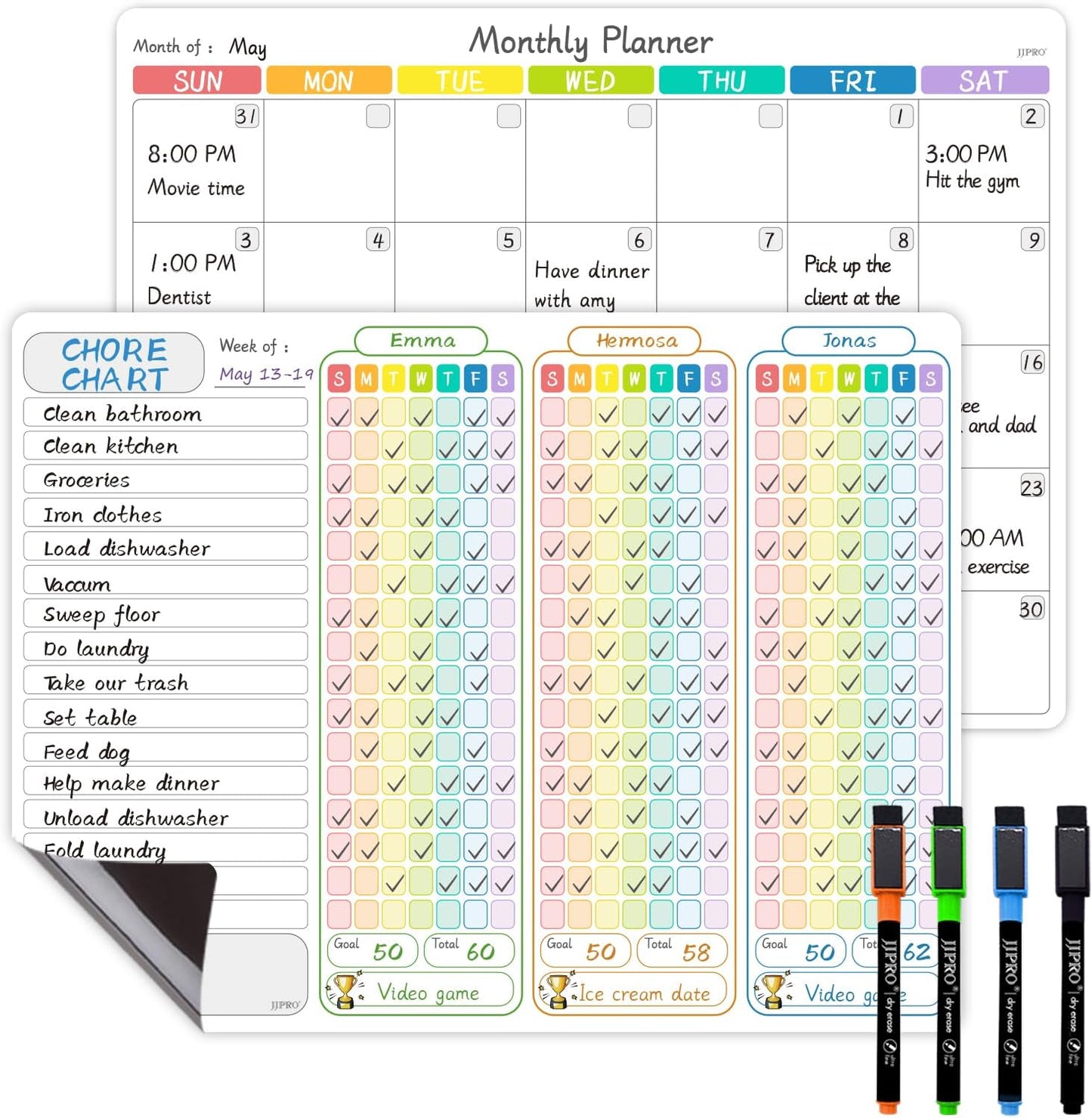 JJPRO Magnetic Dry Erase Chore Chart for Adults:Large Whiteboard16 x19-Chore Chart,Calendar,Meal Board Notes All-in-One,Behavior Chart,Teenagers,White