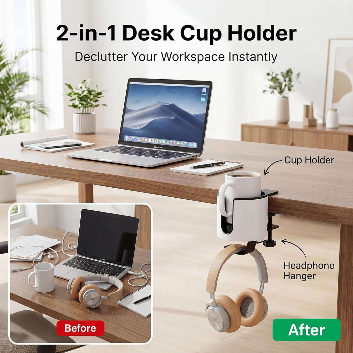 GUNKING Luxury 2-in-1 Anti-Spill Cup Holder with Under Desk Headphone Hanger (White)