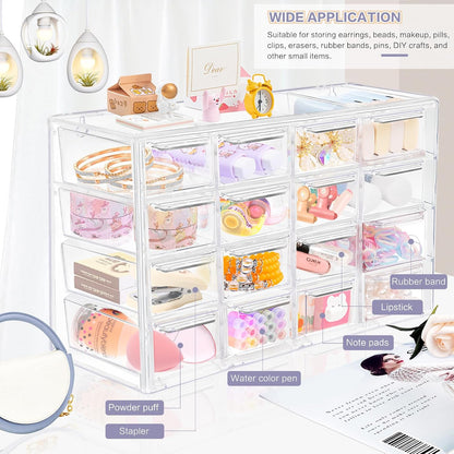 Desk Storage Organizer with 16 Mini Drawers, FODIENS Stackable Desktop Craft Drawer Cabinet, Clear Storage Box Caddy for Makeup Jewelry Office Craft Supplies