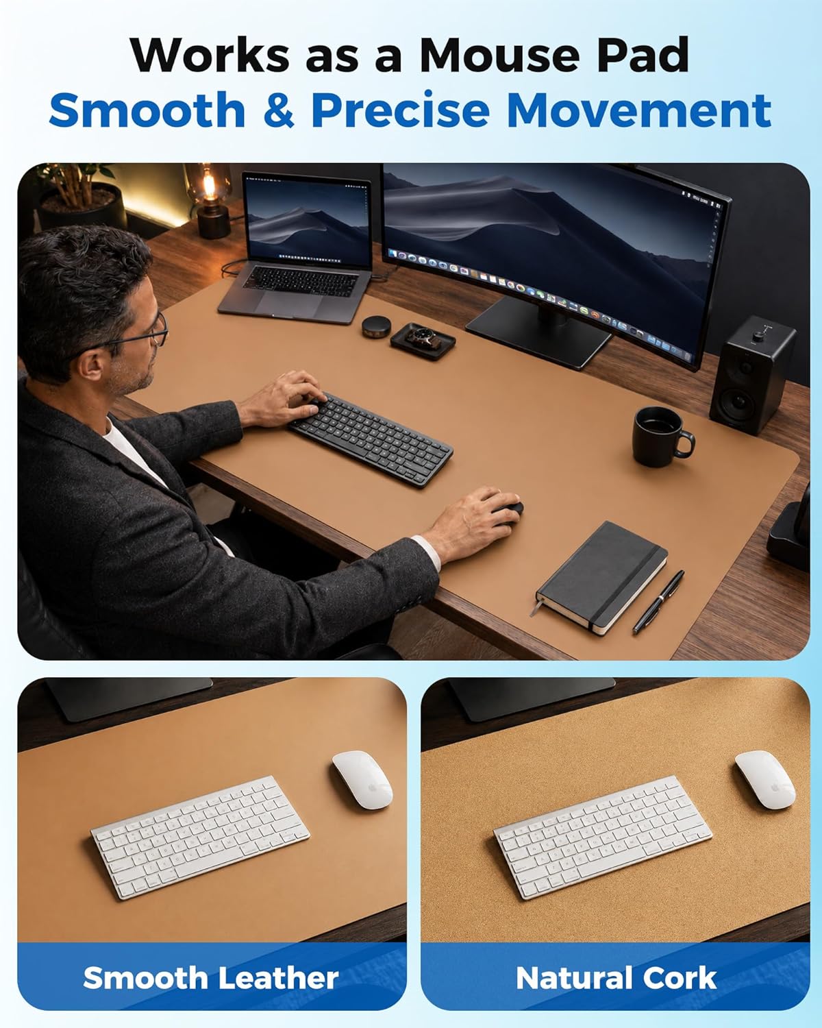 Aothia Dual-Sided Desk Pad - 25.6x13.7 inches Leather Desk Mat, Natural Cork Desk Pad Protector, Large Mouse Pad for Desk, Waterproof Desk Blotter Pad, Desk Writing Pad for Office Work/Home, Black