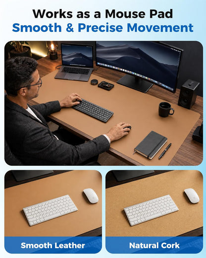 Aothia Dual-Sided Desk Pad - 25.6x13.7 inches Leather Desk Mat, Natural Cork Desk Pad Protector, Large Mouse Pad for Desk, Waterproof Desk Blotter Pad, Desk Writing Pad for Office Work/Home, Black
