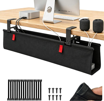 Under Desk Cable Management No Drill – 36" L x 6" W Cord Organizer, Upgraded Silicone Pads (No Scratch), 16 Cable Slots, Washable PE Honeycomb Base, Fits Desks 0–2.1" Thick, Black