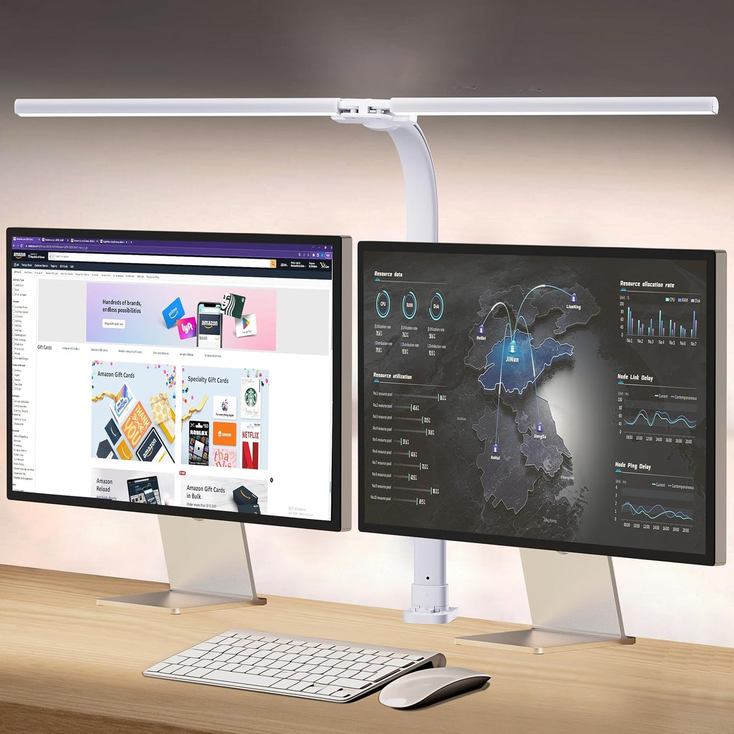 AKRRYR LED Desk Lamp for Home Office, Double Head 24W with Base, Architect Light 5 Lighting Brightness Flexible Gooseneck Table Reading Study, Black