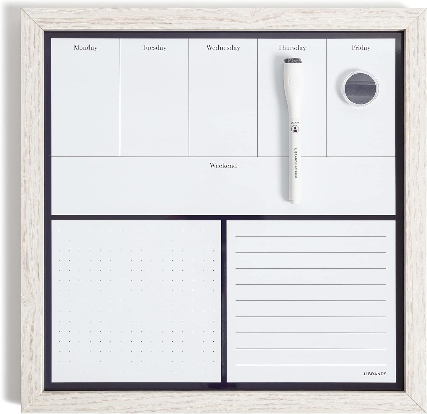 U Brands Rustic Weekly Dry Erase Board with White Wooden Frame, Office Supplies, 14” x 14”