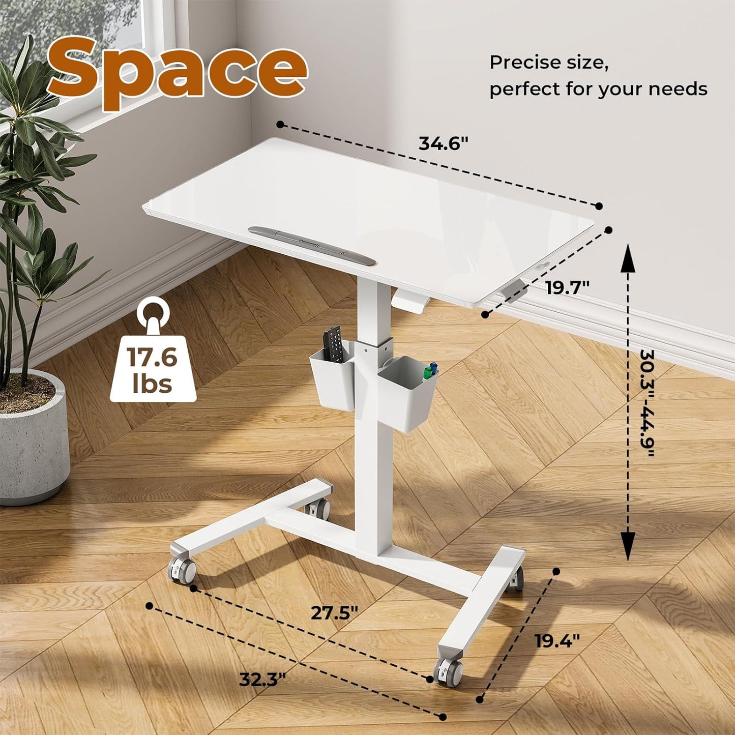 35" Small Glass Mobile Standing Desk, Portable Laptop Cart with Storage & 90° Tilt, Height Adjustable, Rolling Whiteboard on Wheels for Office Home School, White