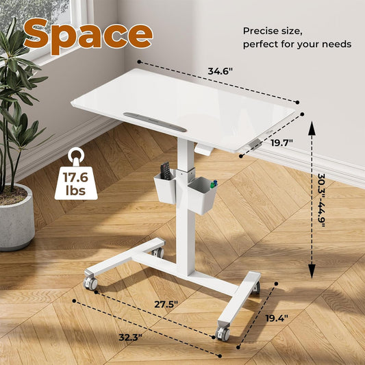 35" Small Glass Mobile Standing Desk, Portable Laptop Cart with Storage & 90° Tilt, Height Adjustable, Rolling Whiteboard on Wheels for Office Home School, White