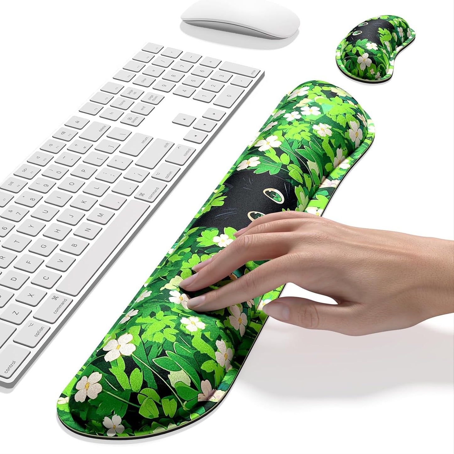 Dapesuom Enlarge Keyboard Wrist Rest, Memory Foam Wrist Cushion for Desk Mat Support, Cute Pain Relief Keyboard Mouse Pad Rests Set with Non-Slip Base for Gaming Laptop Office Computer, Elegant Flower