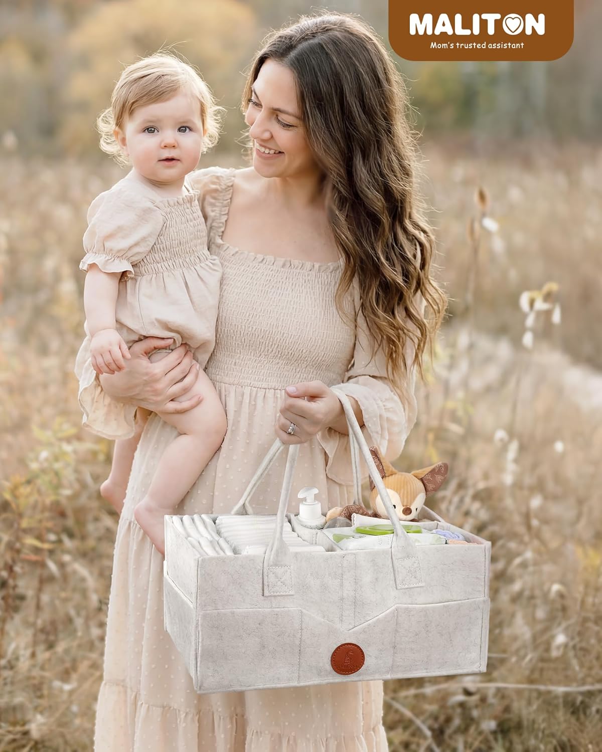 Maliton Baby Diaper Caddy Organizer for Changing Table, Nursery Storage Bin Basket with Handle, Felt Diaper Organizer Suitable for Indoor Outdoor (Khaki)