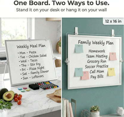 Dry Erase White Board for Desktop & Wall 12"x16" with 2 Magnetic Removable Planners - Weekly & Monthly to Do List Board with Stand, 6 Markers Eraser & Wall Hangers - Portable Double Sided Magnetic