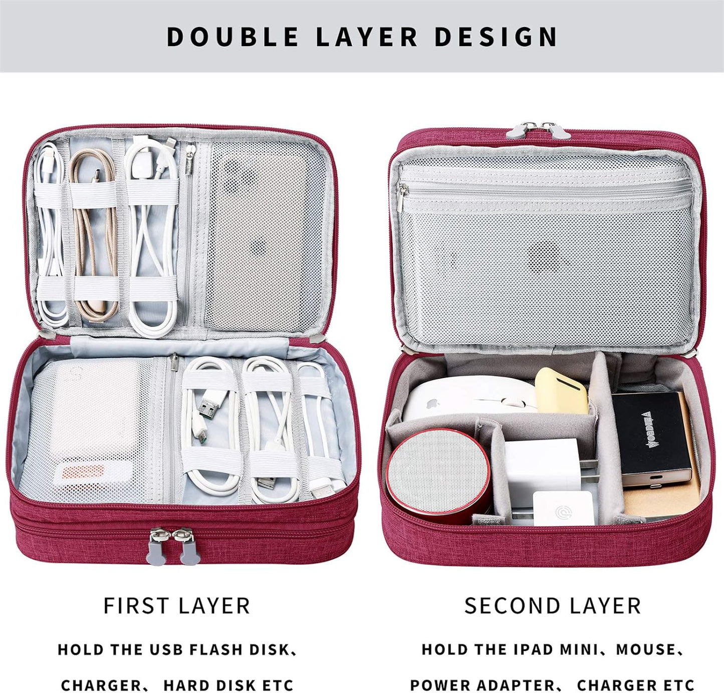 Lanola Travel Cable Organizer Bag, Electronic Accessories Case Portable Double Layer Cable Storage Bag for Cord,phone,Charger, Flash Drive, Phone, SD Card,Personal Items - (Purple)