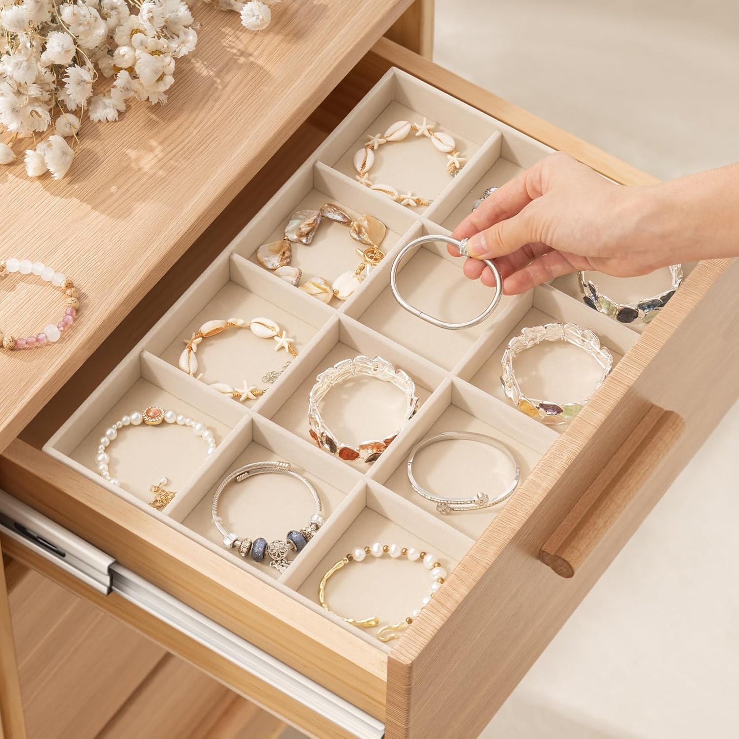 pickpiff Drawer Sunglass Organizer & Display Tray: 1 Pcs 8 Grids Velvet Scratch-Free Eyeglasses Case (13.8x9.4x1.6inch) - Soft Beige Glasses Storage Holder Box for Men & Women