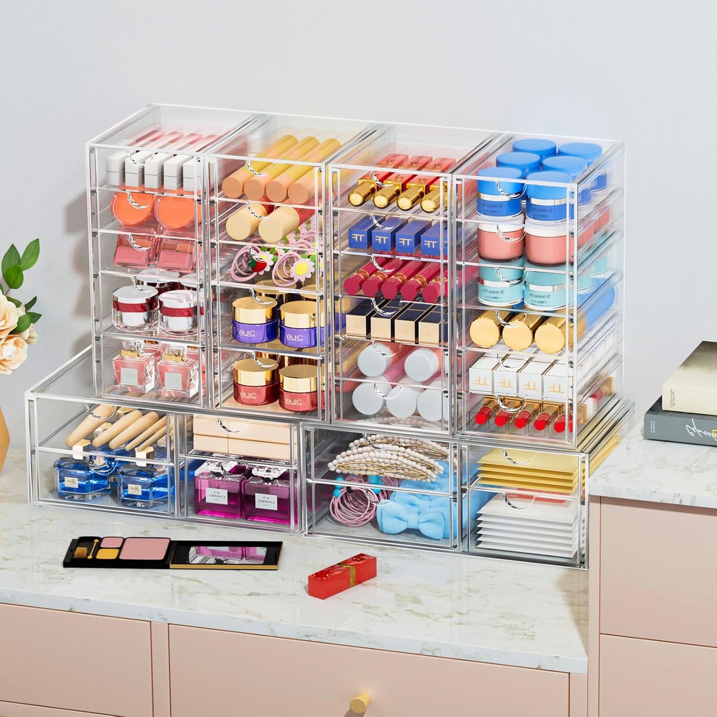 caktraie Makeup Organizer Storage With 16 Drawers, 4 Pcs Desktop Office Supplies, Desk Organizers, Clear Accessories, Dustproof Storage Drawer and for Make Up, Jewelry, Pen, Stationary