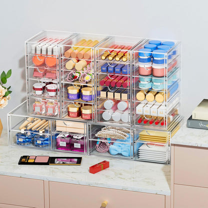 caktraie Makeup Organizer Storage With 16 Drawers, 4 Pcs Desktop Office Supplies, Desk Organizers, Clear Accessories, Dustproof Storage Drawer and for Make Up, Jewelry, Pen, Stationary