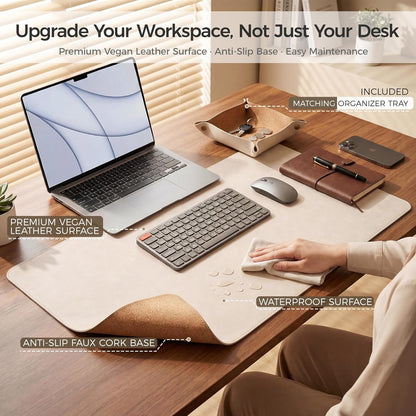 Premium Faux Leather Desk Mat & Tray Set，Innovative Cork-Look Printed Base，Gift Tube Packaging，Full-Desk Coverage，Non-Slip Desk Pad for Office Home（Olive Green）