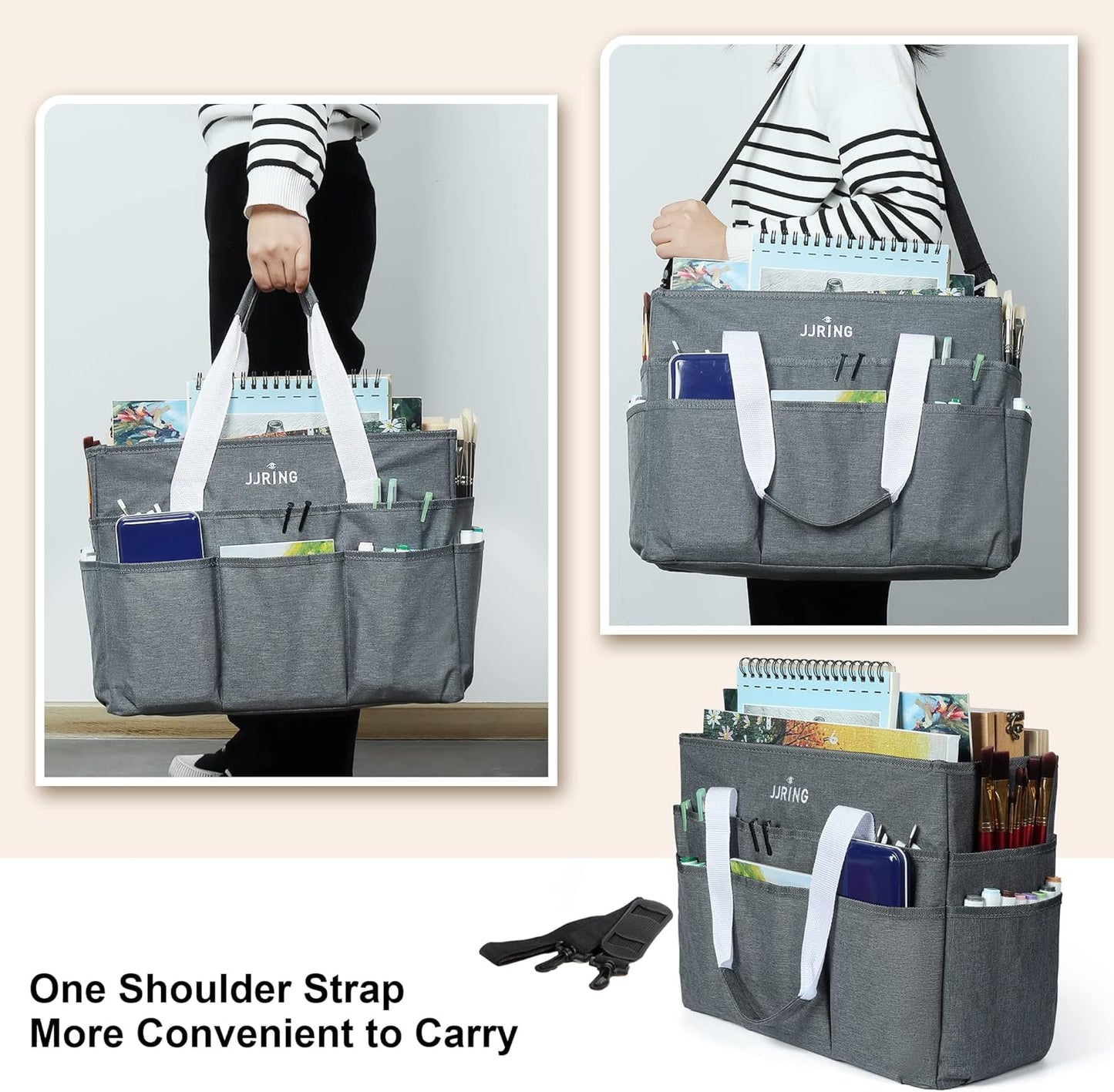 JJRING Craft Organizer Tote Bag for Art Storage, Caddy with Multiple Pockets, Bluish Green Sewing Bag for Scrapbooking, School, Medical, and Office Supplies