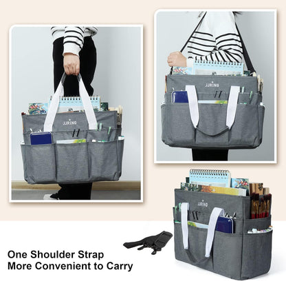 JJRING Craft Organizer Tote Bag for Art Storage, Caddy with Multiple Pockets, Bluish Green Sewing Bag for Scrapbooking, School, Medical, and Office Supplies