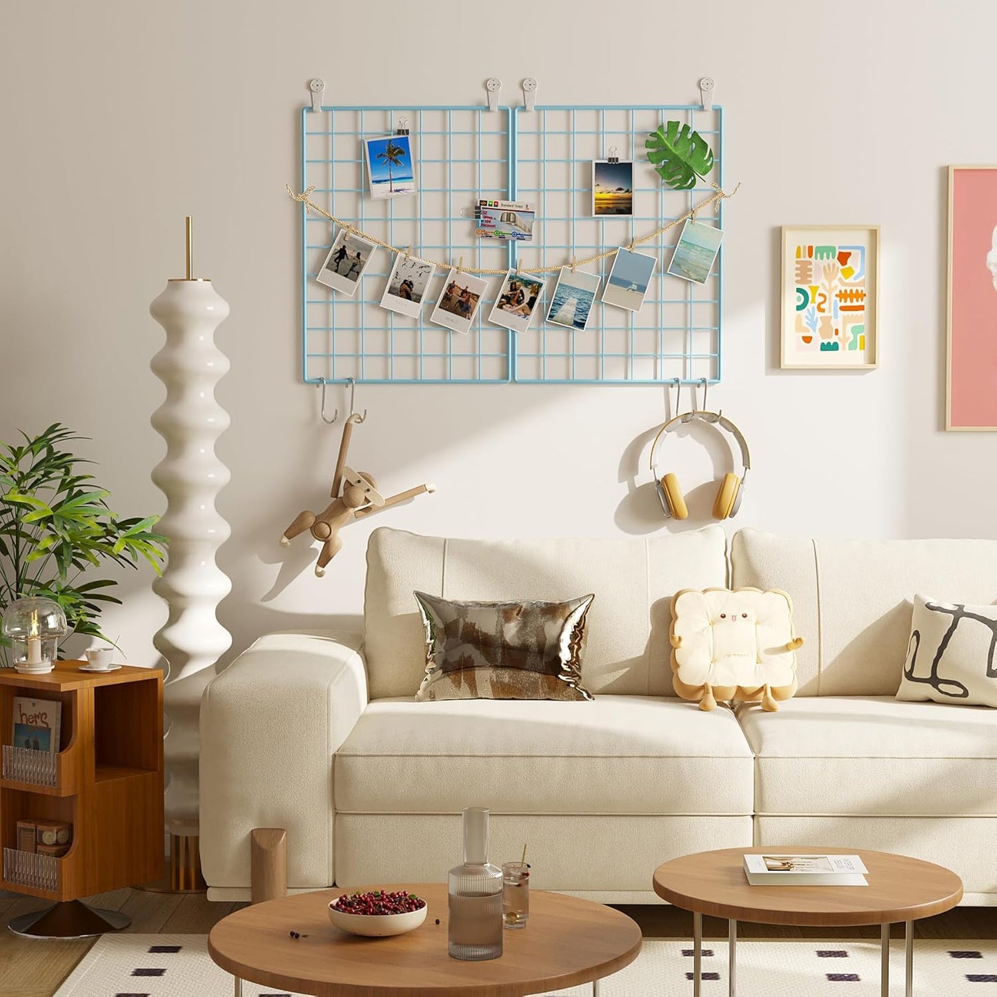 C&AHOME Photo Wall Display Set of 2, Grid Panel with Hooks, Clips, Hemp Cord, Hammer - 15.7" x 11.8", White UWWGM3402W