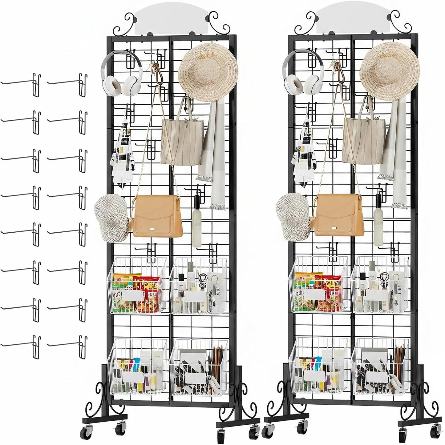 Urban Deco Grid Wall Panel Display Stand, 2.2' x 6.2' FT Gridwall Panel with Extra 8 Hooks, Craft Show Display Rack Black Metal Grids Standing Wire Rack for Retail Merchandise