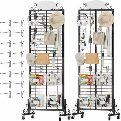 Urban Deco Grid Wall Panel Display Stand, 2.2' x 6.2' FT Gridwall Panel with Extra 8 Hooks, Craft Show Display Rack Black Metal Grids Standing Wire Rack for Retail Merchandise