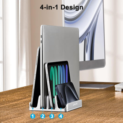 JARLINK 4-in-1 Adjustable Vertical Laptop Stand Holder, Aluminum Dual Slots Laptop Rack for Desk, Space-Saving Organizer Compatible with All MacBook, Surface, Chromebook, and Gaming Laptops (Grey)
