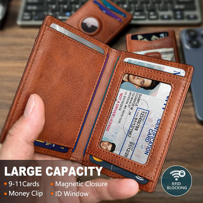 miyozi Airtag Wallet for Men- with Money Clip Gift Boxed, Magnetic Closure Slim Genuine Leather Front Pocket Wallet, 4.1"x 2.8", RFID Blocking
