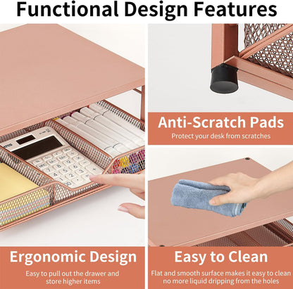 Wood Metal Monitor Stand Riser, Laptop Stand for Desk, Office Desk Organizer and Accessories, Computer Desktop Shelf with Drawer and Pen Holder, Printer Stand for Home, Office, Dorm (Natural Wood)