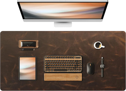 YSAGi Leather Desk Mat, 35.4"x17"Real Leather Desk Pad,2mm Thick Desk Blotter with Stiched line,Oil-Wax Feel Mouse pad and Self-Healing Laptop Pad for Home & Office(Classic Dark Brown)
